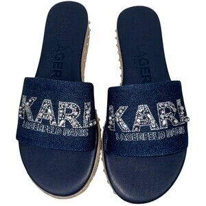 Karl Lagerfeld Kamara Pearl Size 11 Blue Denim Sandals Slide Shoes Bling Pearl
